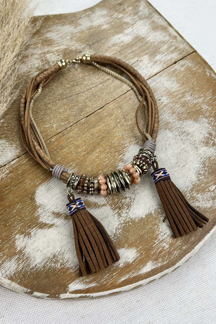 Yacamim Handmade Faux Leather Necklace with Suede Pom-Pom Pendants #196