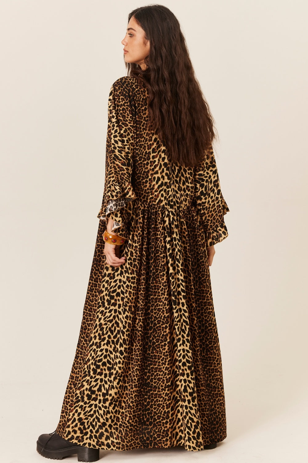 Vestido Longo Amplo Com Mangas 3/4 animal Print Yacamim D18