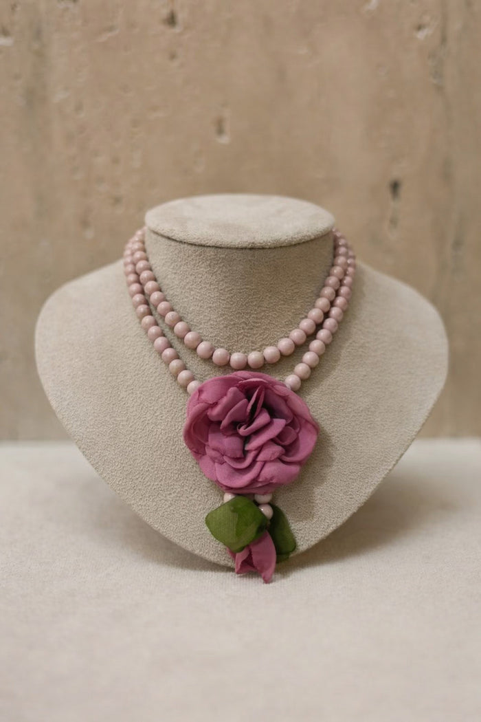 Colar Ave Maria Com Flor Rosa Antigo Yacamim #1007