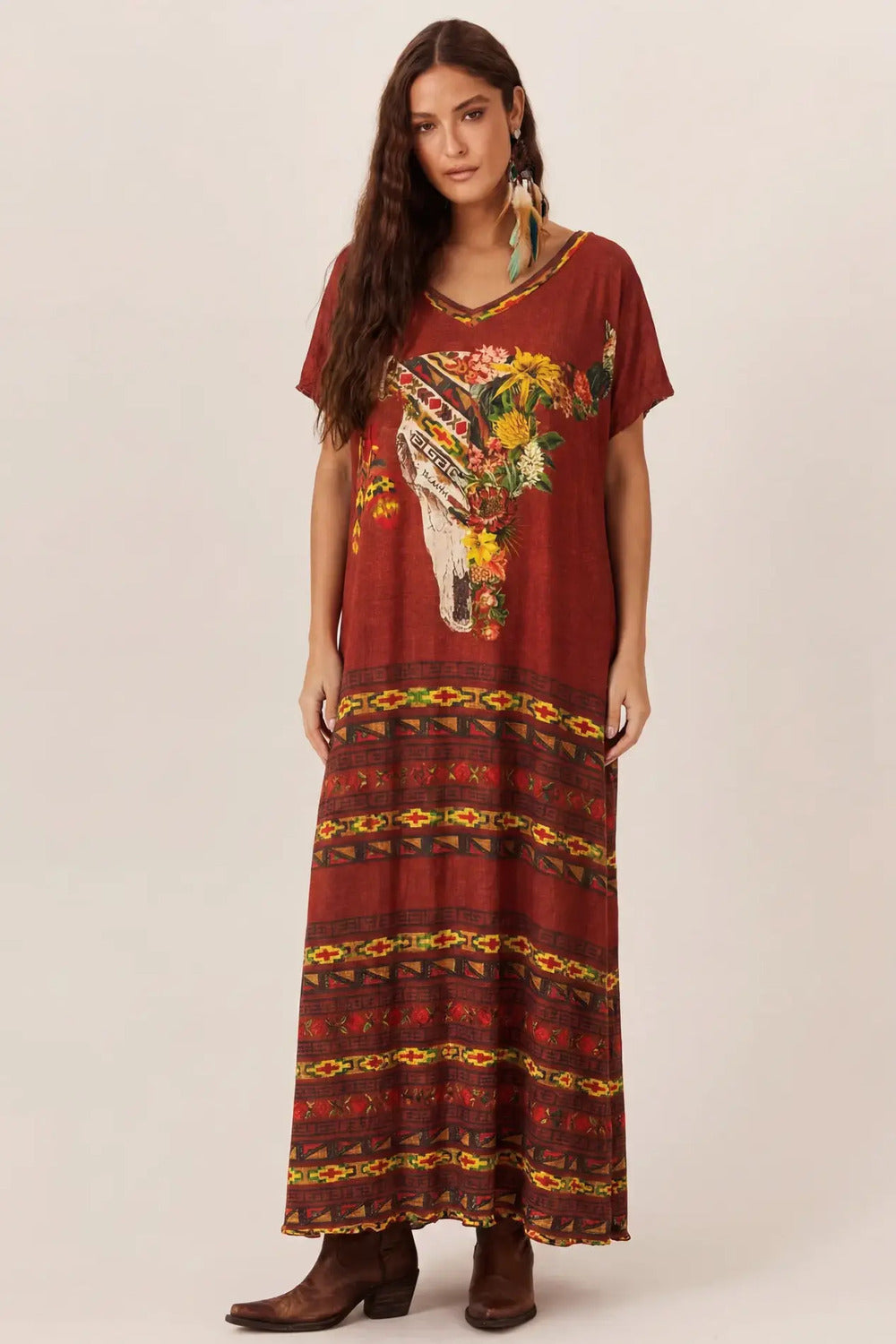 Vestido Midi De Viscolinho Terracota Estampado Yacamim E4