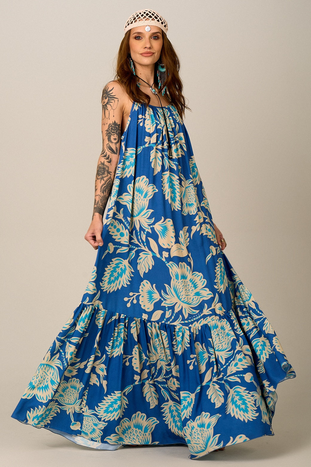 Yacamim E18 Blue Printed Long Dress with Adjustable Straps