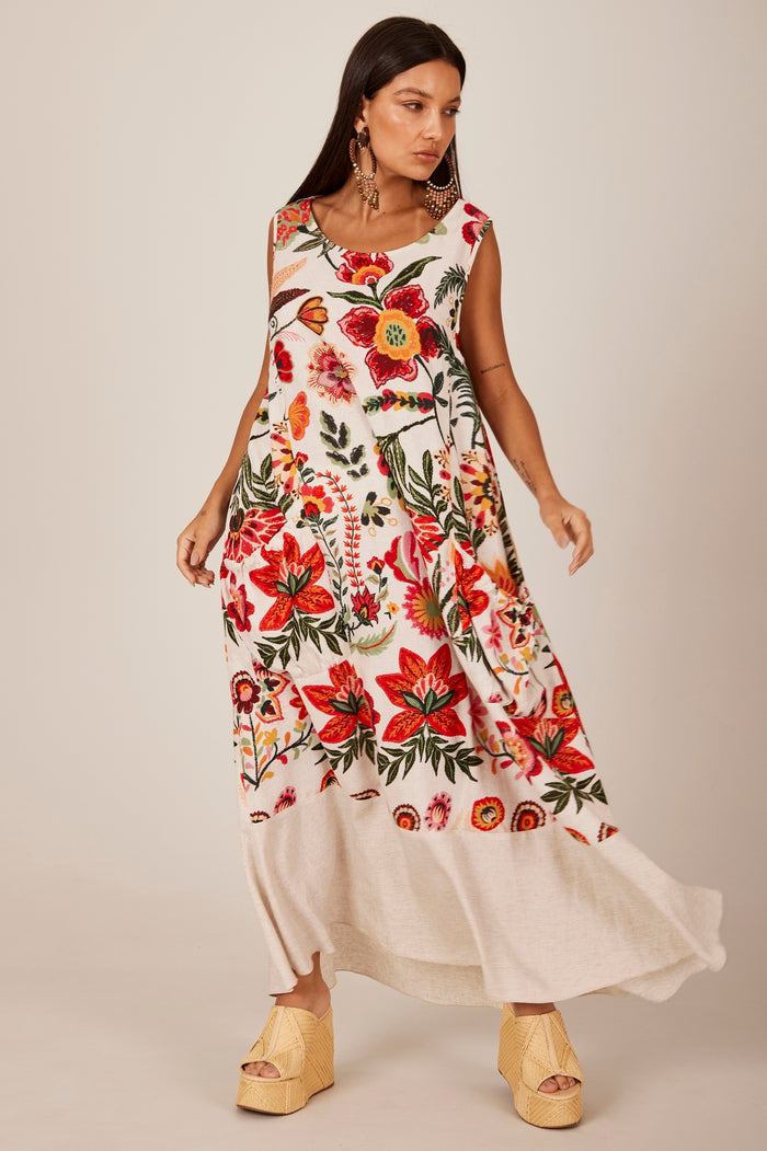 Yacamim E22 White Printed Linen Sleeveless Midi Dress