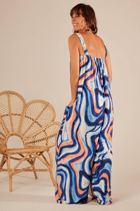 Yacamim O2 Printed Blue Wide Strap Jumpsuit