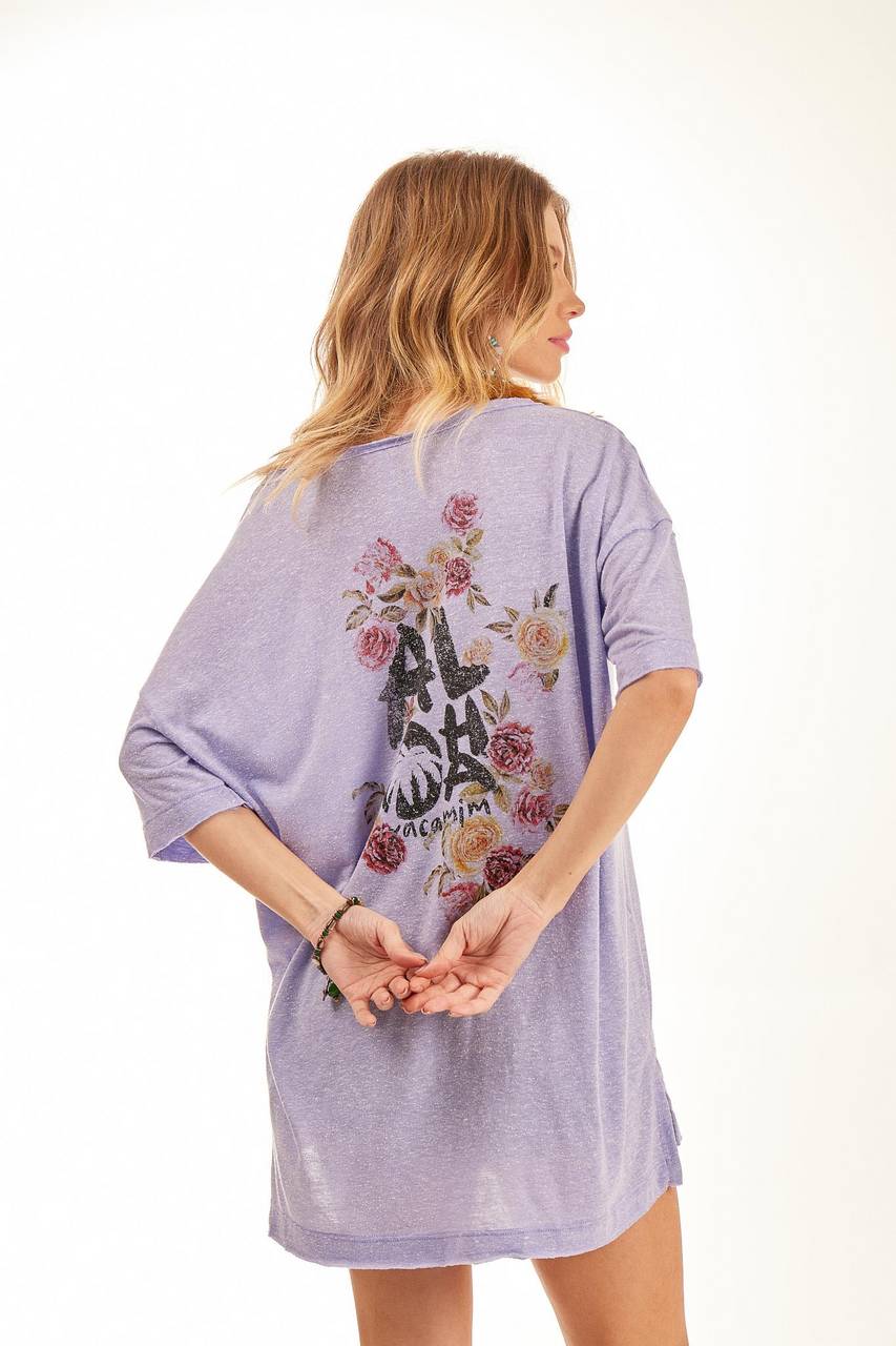 Oversized Basic Dropped Shoulder T-shirt Lilac Exclusive Yacamim Print B5