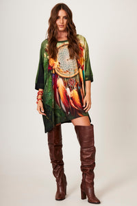 Yacamim Women's Green Dreamcatcher Print Wide Elongated Tunic with Small Stones B15