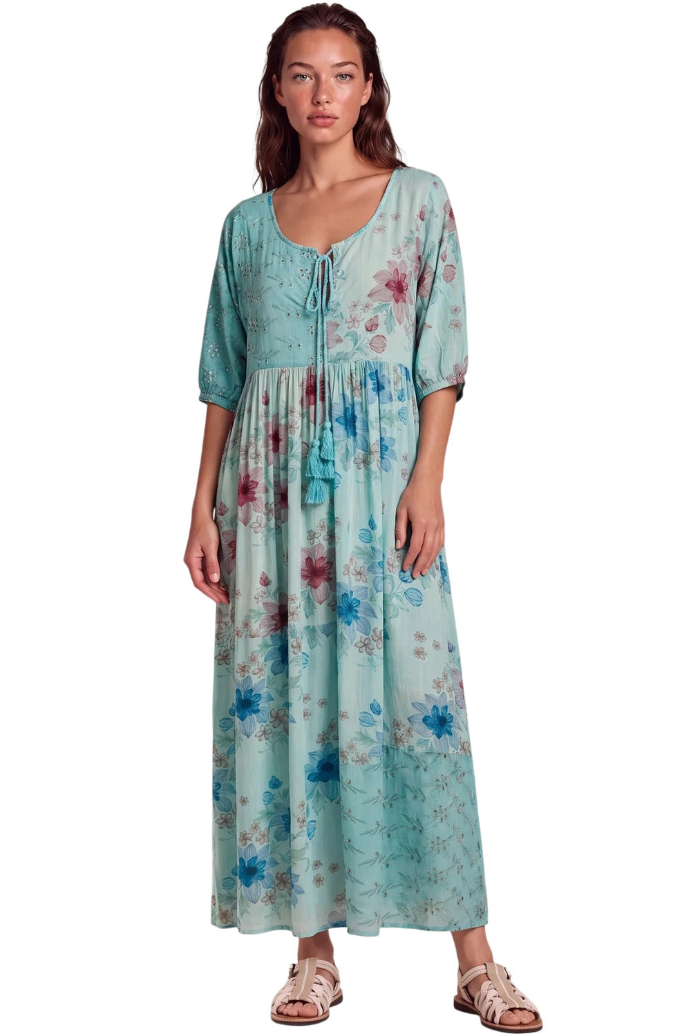 Vestido Midi Com Broderie Verde Claro Patchwork Yacamim C3