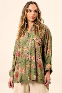 Yacamim Green Printed Loose Shirt with Long Sleeves A8