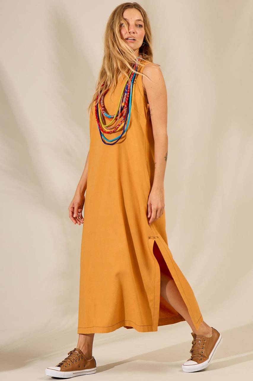 Yacamim E23 Mustard Linen Tank Midi Dress