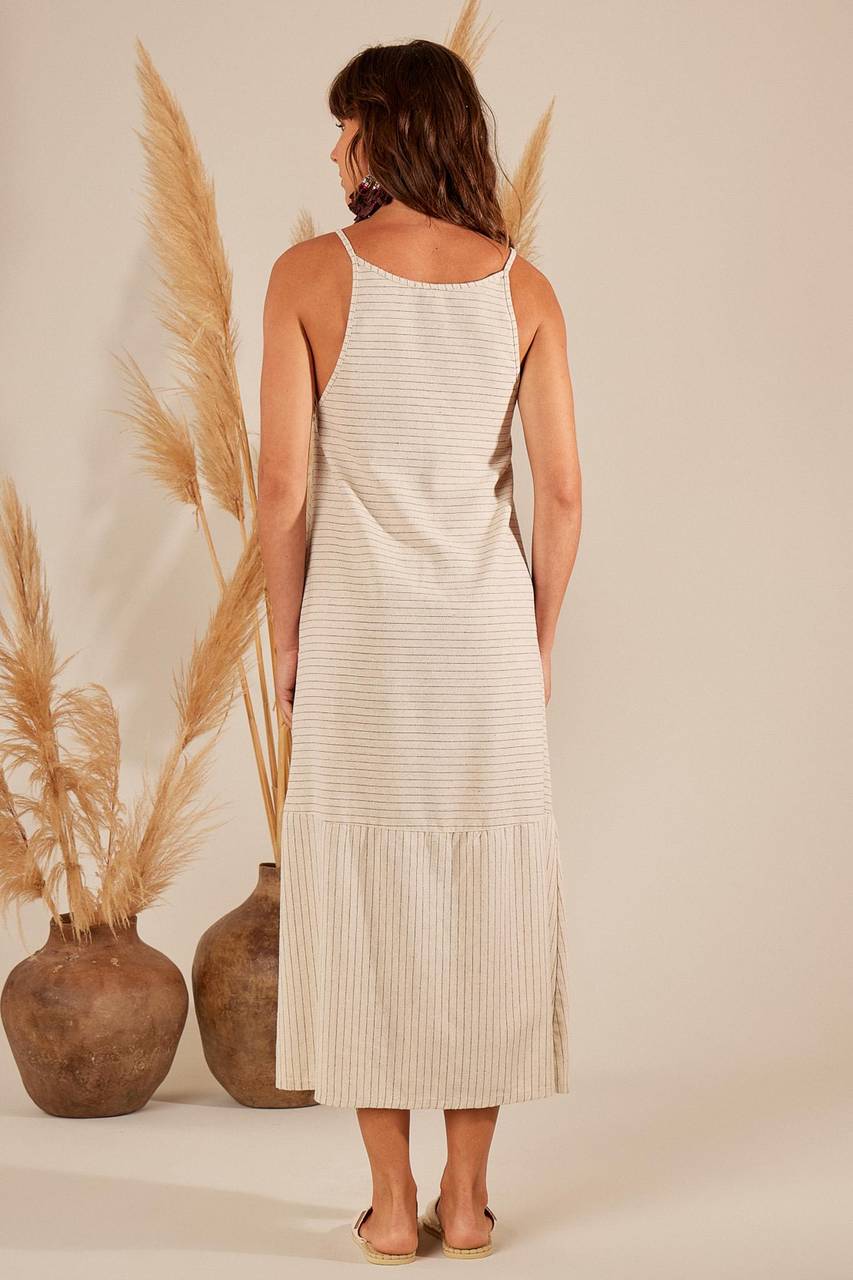 Yacamim Beige Pinstripe Linen Midi Dress