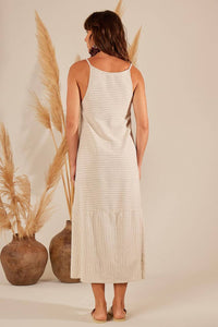 Yacamim Beige Pinstripe Linen Midi Dress