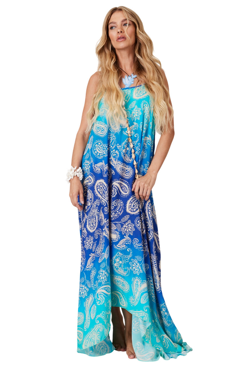 Q7 Pira Omomba'e and Yacamim Collection Blue A-line Midi Dress with Straps