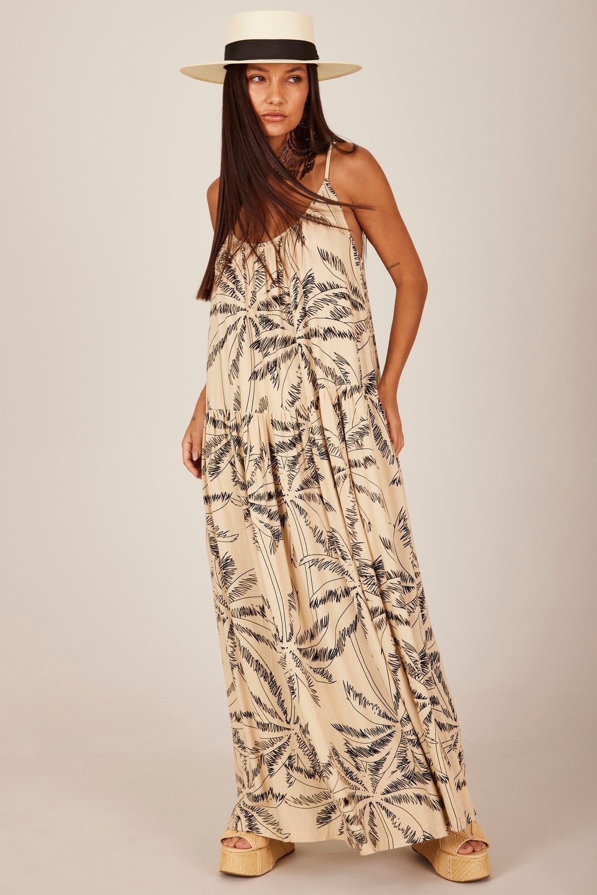 Yacamim D18 Beige Printed Linen Long Dress