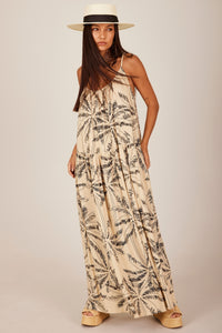 Yacamim D18 Beige Printed Linen Long Dress