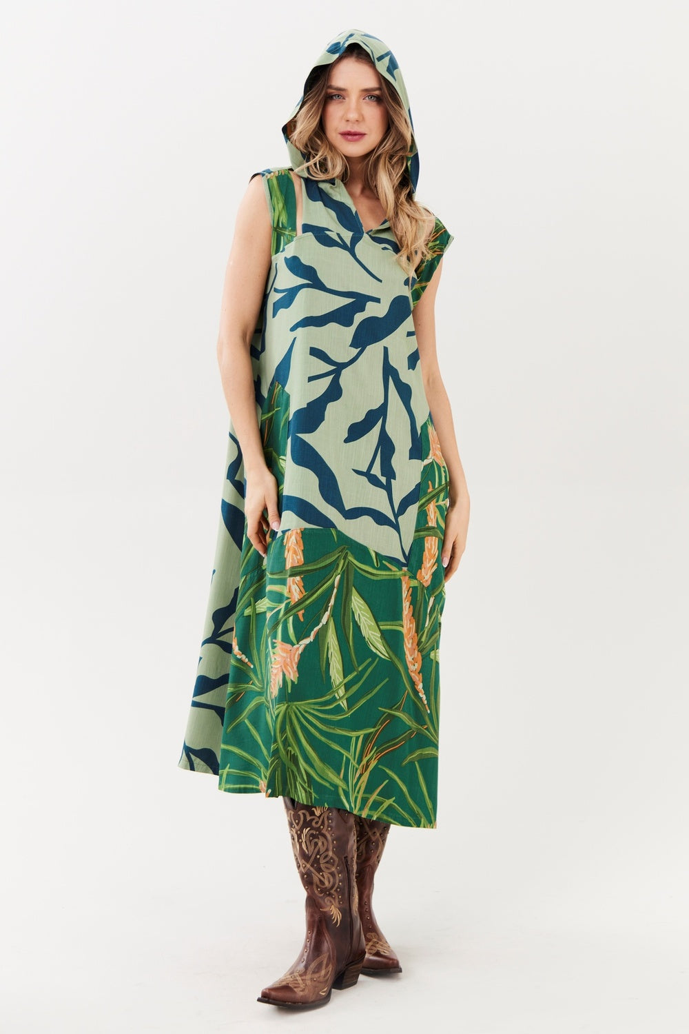 Green Printed Yacamim Hooded Midi Dress E1<br />