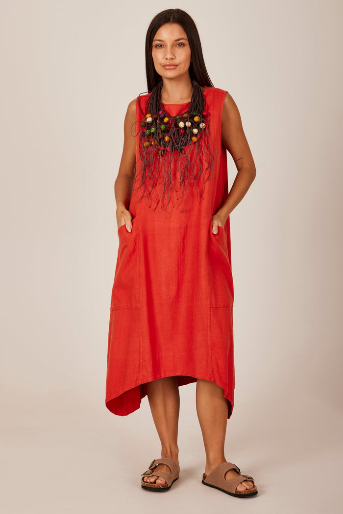 Yacamim C27 Plain Terracotta Linen Sleeveless Short Dress