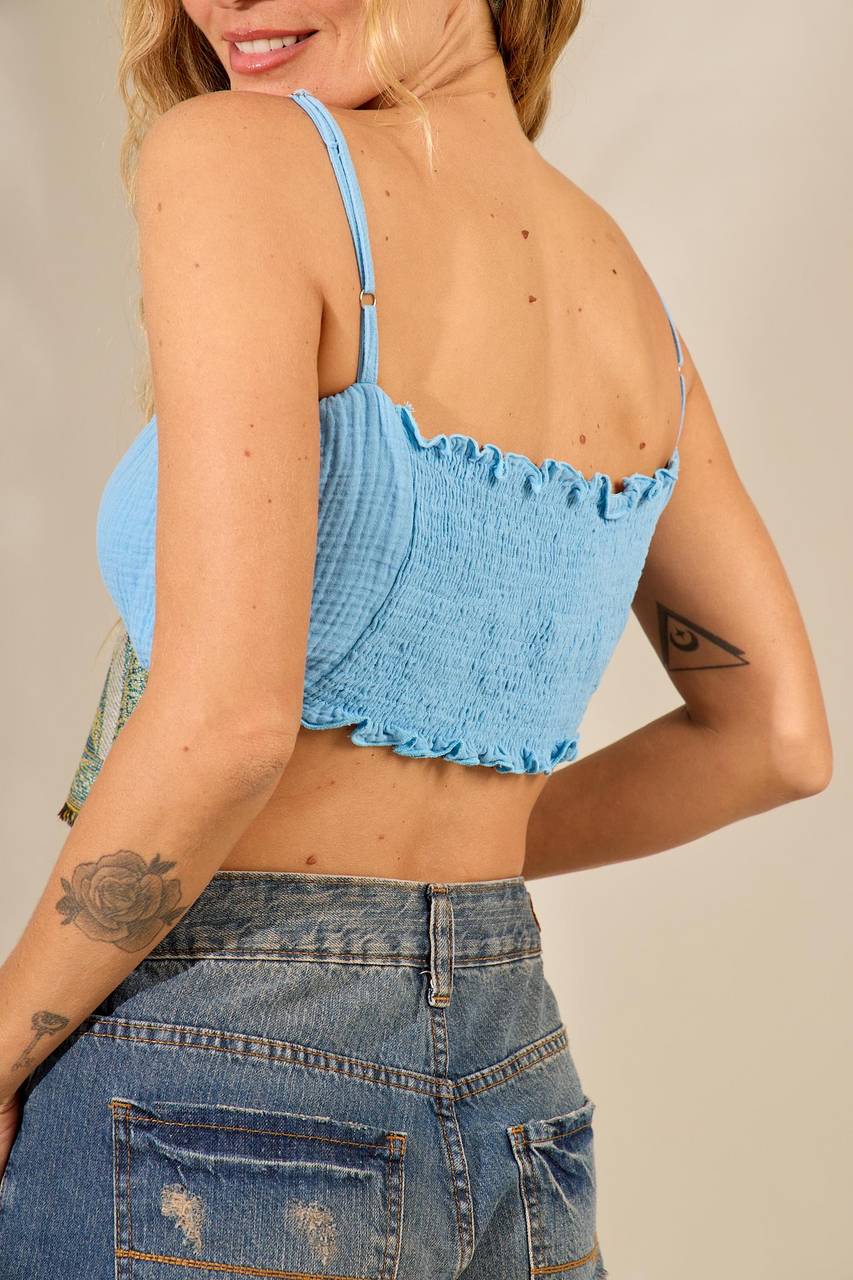 Light Blue Yacamim F13 Shirred Top with Adjustable Straps