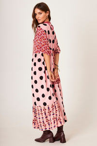 Light Pink Polka Dot Patchwork Midi Dress Yacamim E26