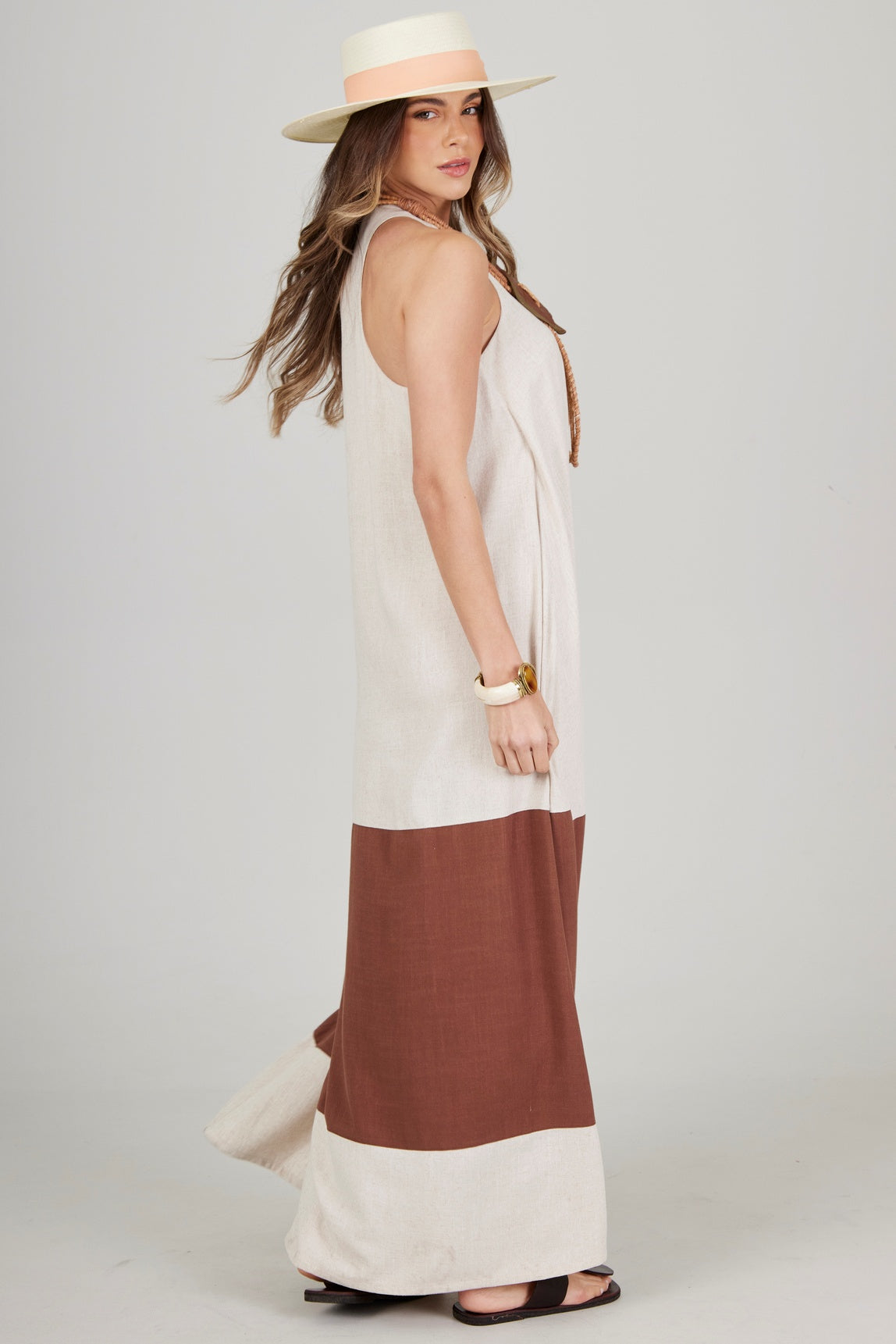 Yacamim C23 Beige and Brown Racerback Maxi Dress