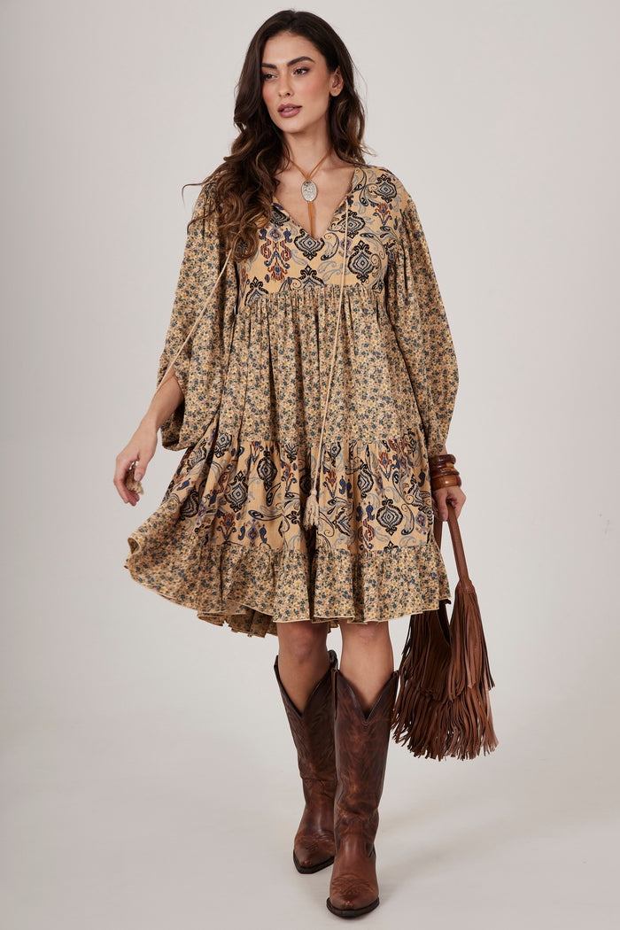 Light Brown Short Patchwork Dress Yacamim E26