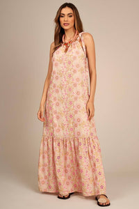 Long Broderie Beige Dress with Pink Embroidery Yacamim C20
