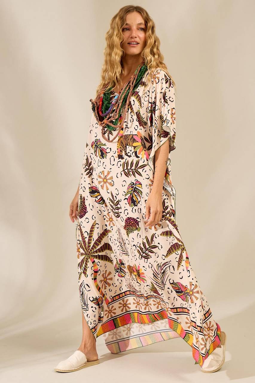 Yacamim Printed Beige Loose Kaftan with 3/4 Sleeves