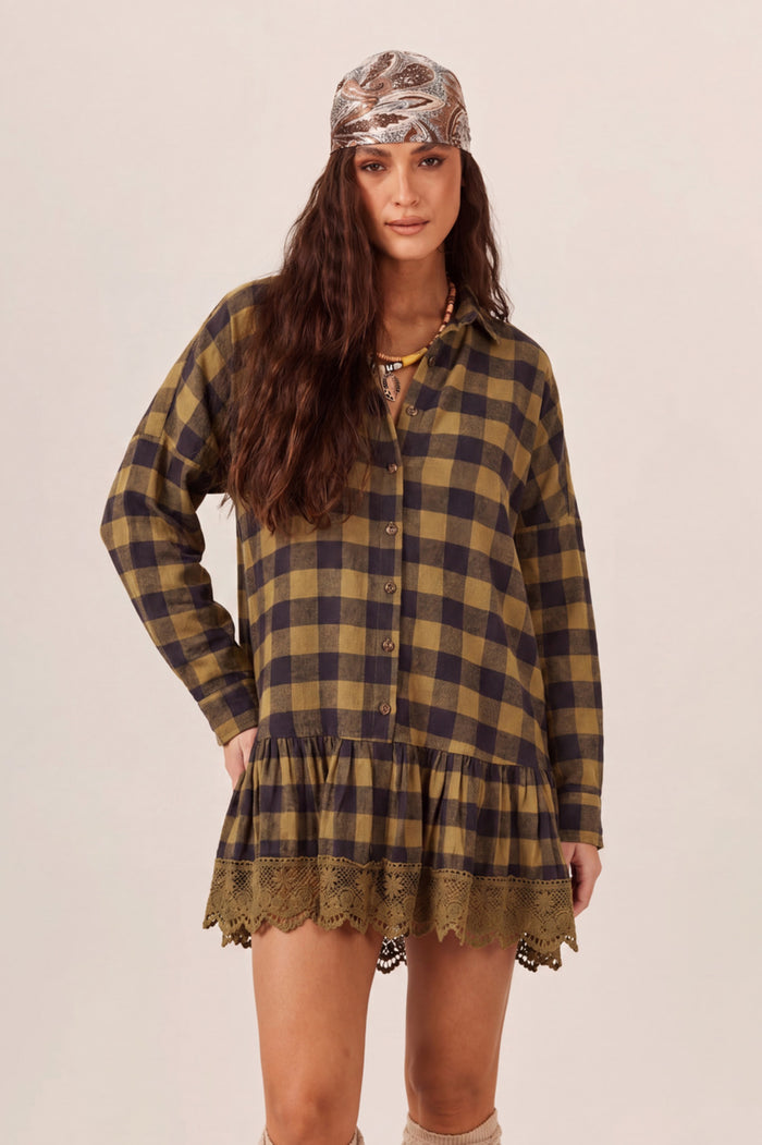 Yacamim K8 Moss Green Plaid Elongated Shirt