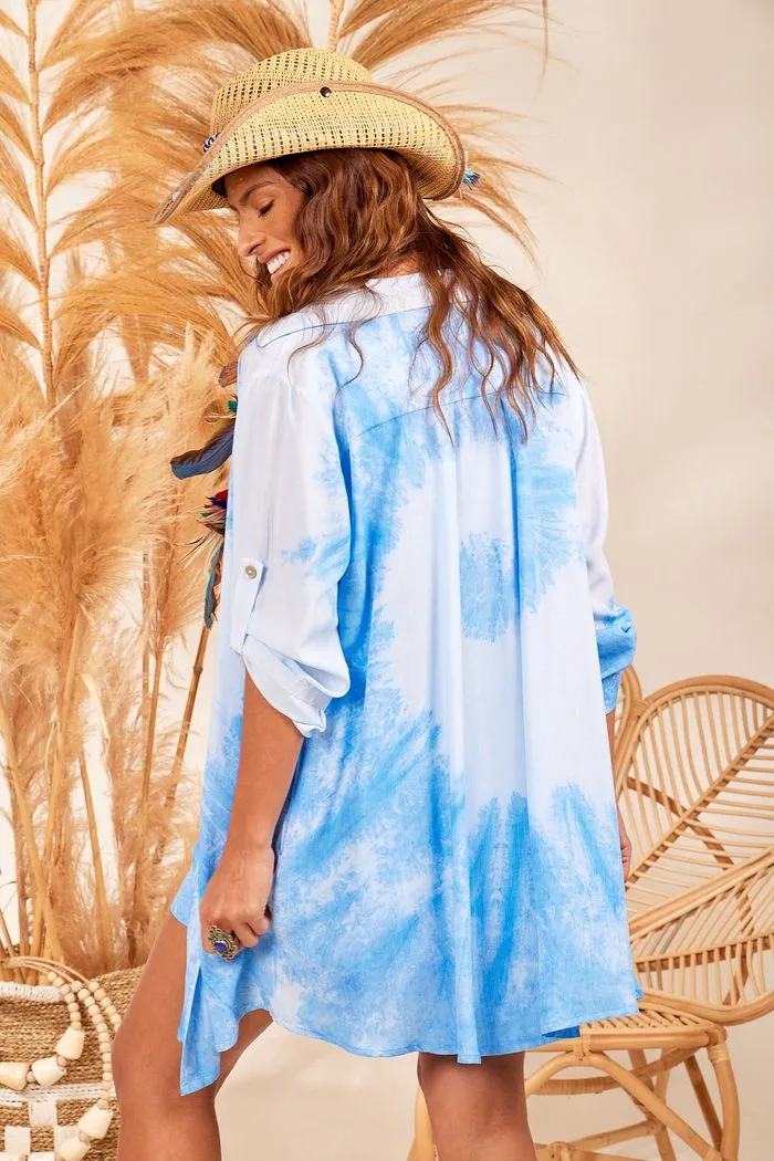 Pleated Side Pocket Tie-Dye Shirt - White
