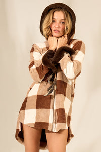 Yacamim J10 Beige Plaid Hooded Fleece Jacket