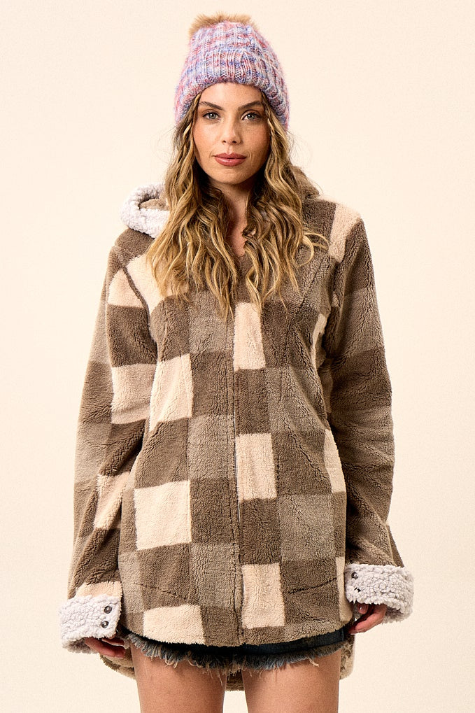Yacamim J9 Beige Plaid Plush Hooded Coat