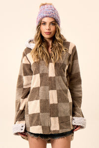 Yacamim J9 Beige Plaid Plush Hooded Coat