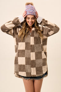 Yacamim J9 Beige Plaid Plush Hooded Coat