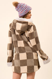 Yacamim J9 Beige Plaid Plush Hooded Coat