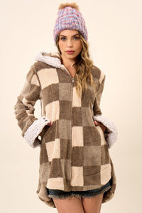 Yacamim J9 Beige Plaid Plush Hooded Coat