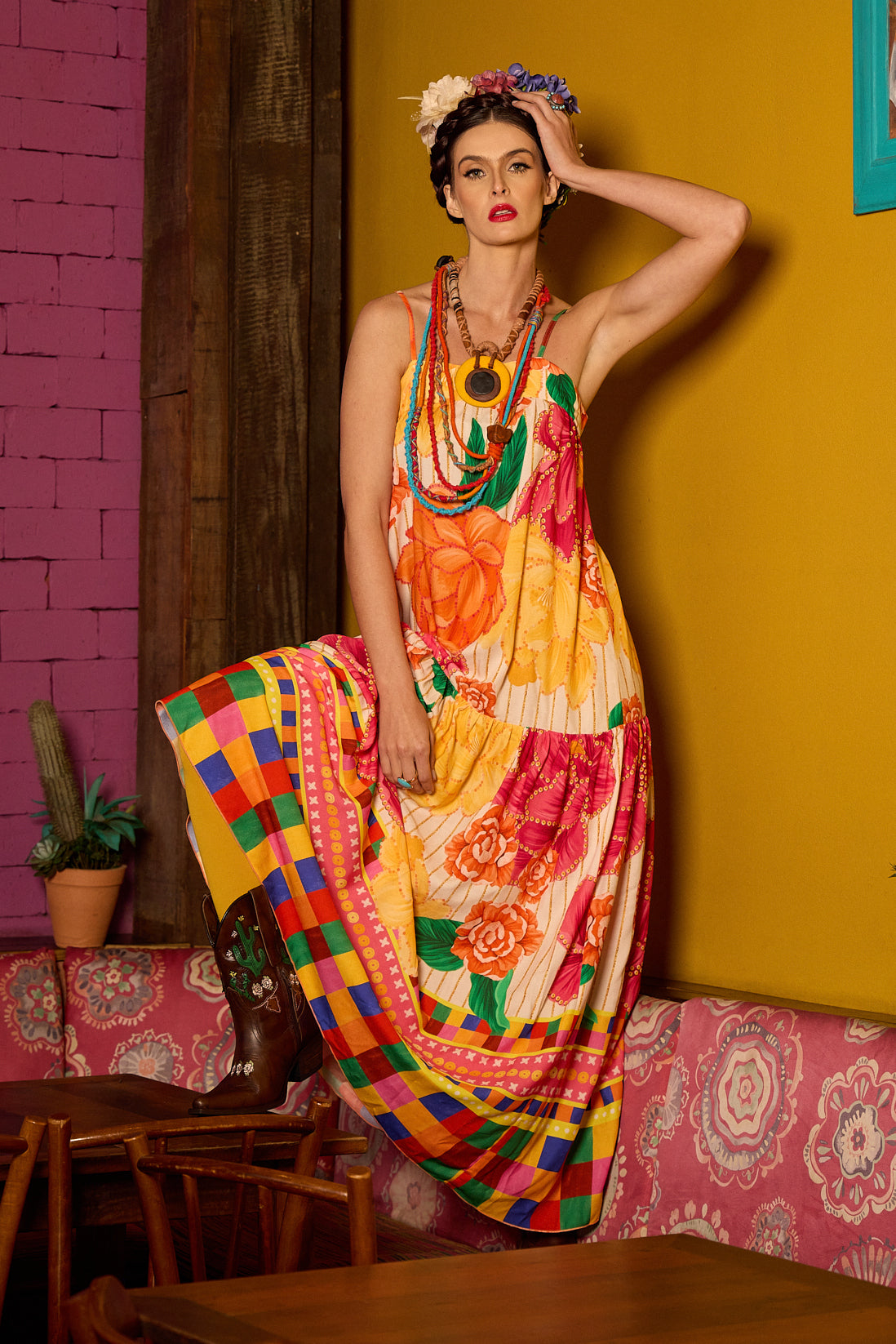 Vestido Longo Com Alças Reguláveis Floral Estampado Yacamim E4