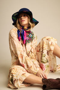 Long Beige Printed Long Sleeve Dress Retro Collection Yacamim E15