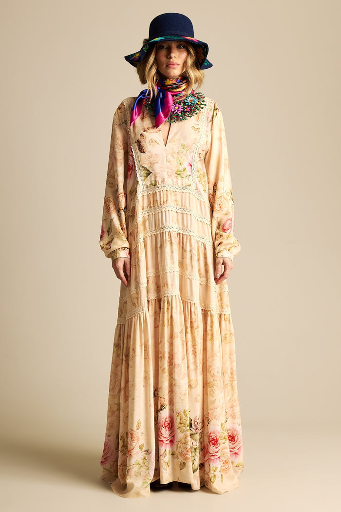 Long Beige Printed Long Sleeve Dress Retro Collection Yacamim E15