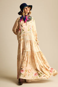 Long Beige Printed Long Sleeve Dress Retro Collection Yacamim E15