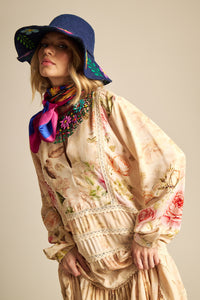 Long Beige Printed Long Sleeve Dress Retro Collection Yacamim E15