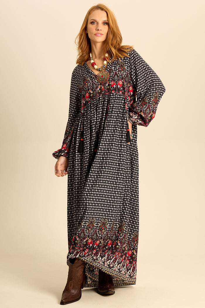 Black Printed Yacamim Long Dress with Puffy Long Sleeves E11