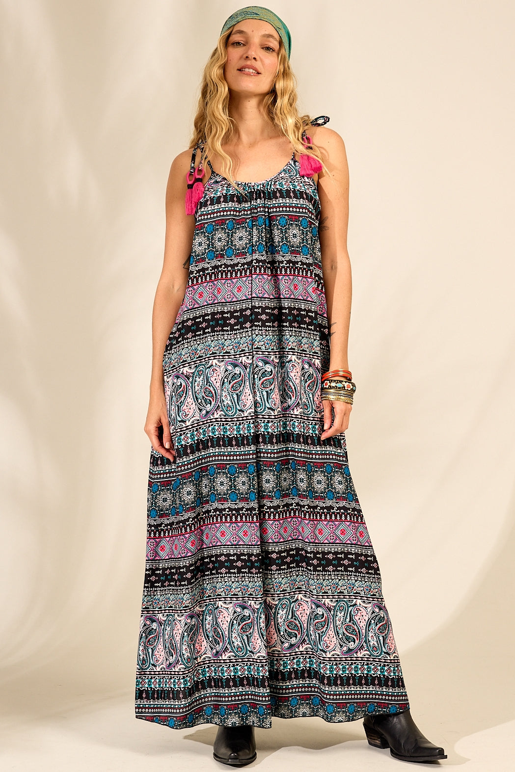 Yacamim Long Dress with Straps and Black Pom-Poms Paisley Print E14