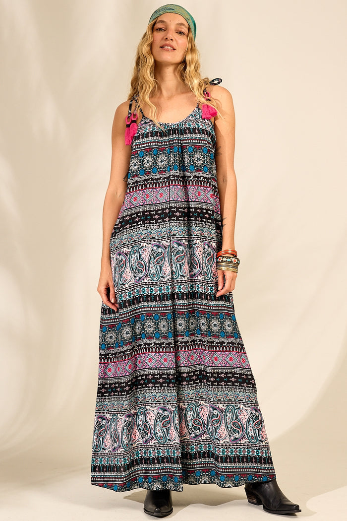 Yacamim Long Dress with Straps and Black Pom-Poms Paisley Print E14