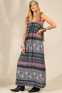 Yacamim Long Dress with Straps and Black Pom-Poms Paisley Print E14