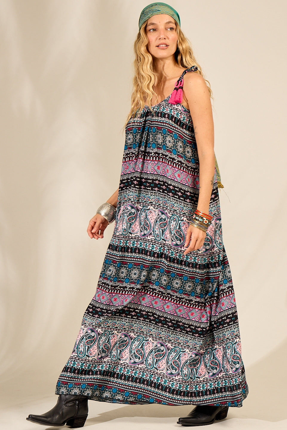 Yacamim Long Dress with Straps and Black Pom-Poms Paisley Print E14
