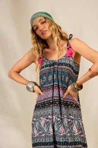 Yacamim Long Dress with Straps and Black Pom-Poms Paisley Print E14