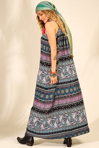 Yacamim Long Dress with Straps and Black Pom-Poms Paisley Print E14