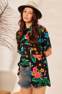 Yacamim Black Floral Loose Shirt with 3/4 Sleeves A3