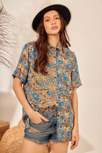 Yacamim A31 Light Brown Printed Loose Short Sleeve Shirt