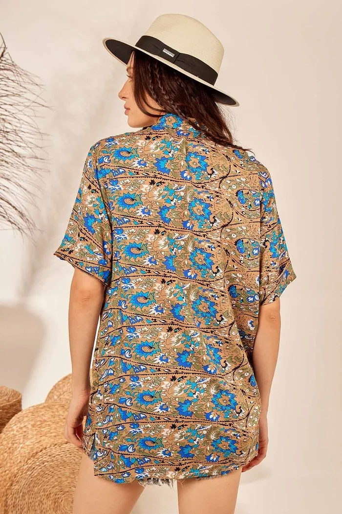 Yacamim A31 Light Brown Printed Loose Short Sleeve Shirt