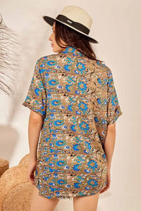 Yacamim A31 Light Brown Printed Loose Short Sleeve Shirt