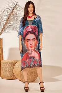 Frida Kahlo Yacamim D6 Short Transparent Blue Tulle Kaftan